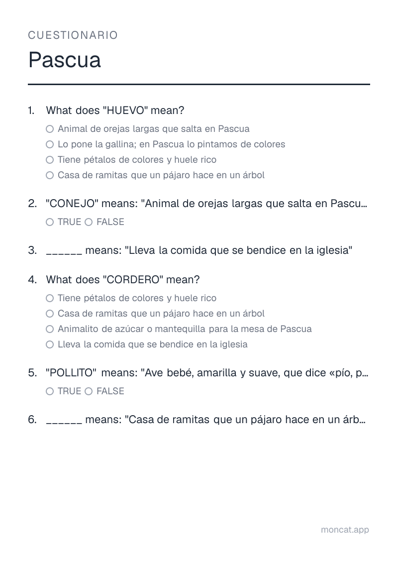 Ejemplo de ficha para imprimir — Cuestionario sobre «Pascua» con las palabras: huevo, conejo, canasta, cordero, pollito, nido