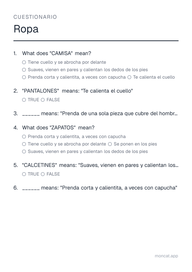 Ejemplo de ficha para imprimir — Cuestionario sobre «Ropa» con las palabras: camisa, pantalones, vestido, zapatos, calcetines, chamarra