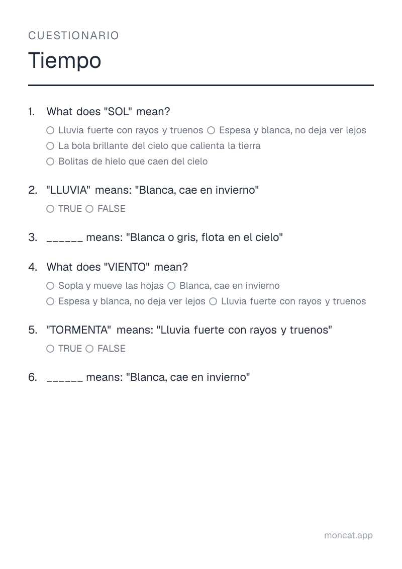 Ejemplo de ficha para imprimir — Cuestionario sobre «Tiempo» con las palabras: sol, lluvia, nube, viento, tormenta, nieve