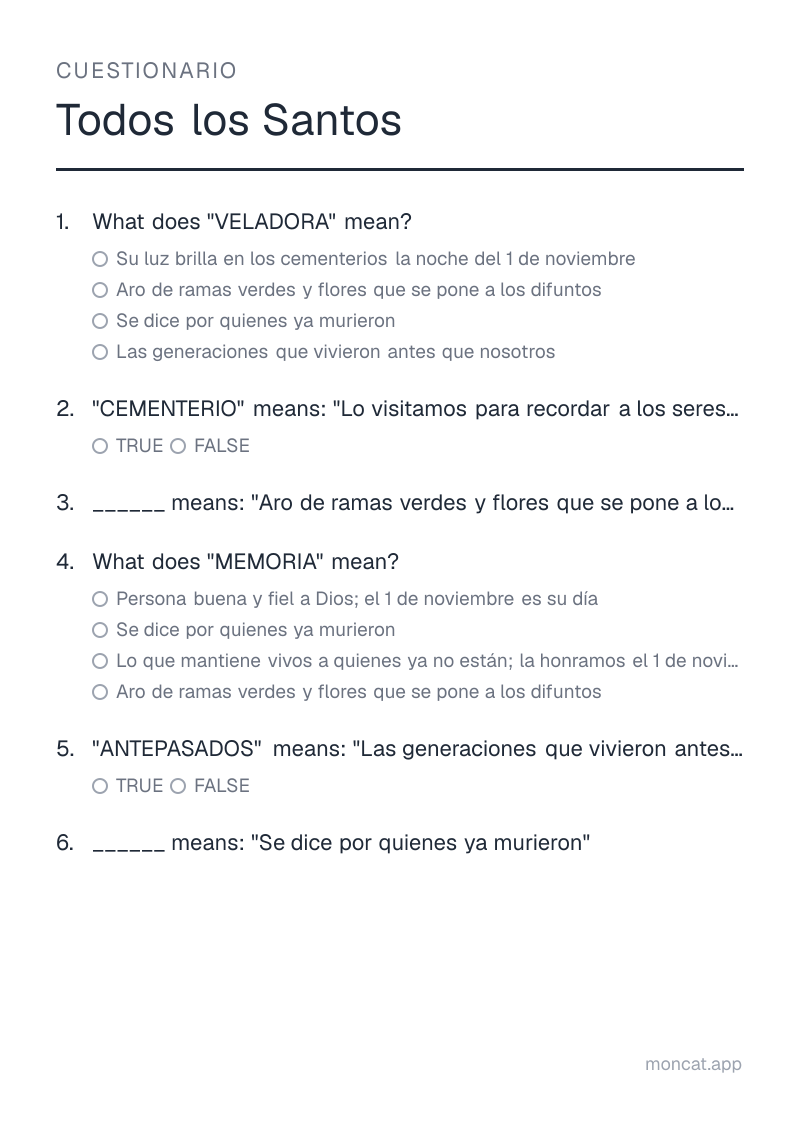 Ejemplo de ficha para imprimir — Cuestionario sobre «Todos los Santos» con las palabras: veladora, cementerio, corona, memoria, antepasados, oración