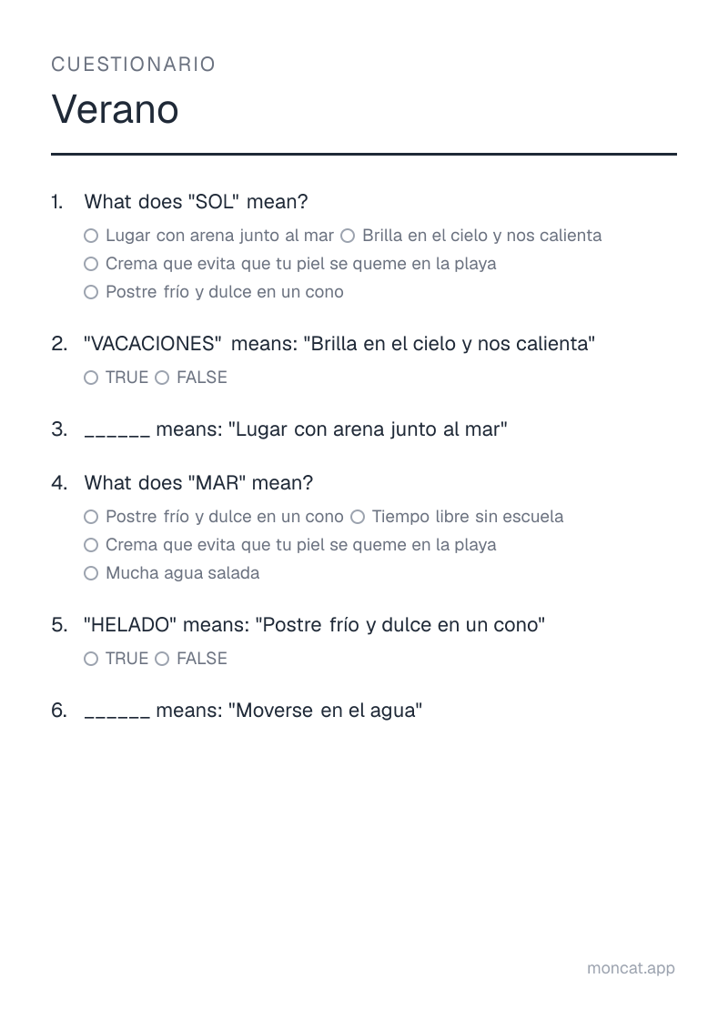 Ejemplo de ficha para imprimir — Cuestionario sobre «Verano» con las palabras: sol, vacaciones, playa, mar, helado, nadar