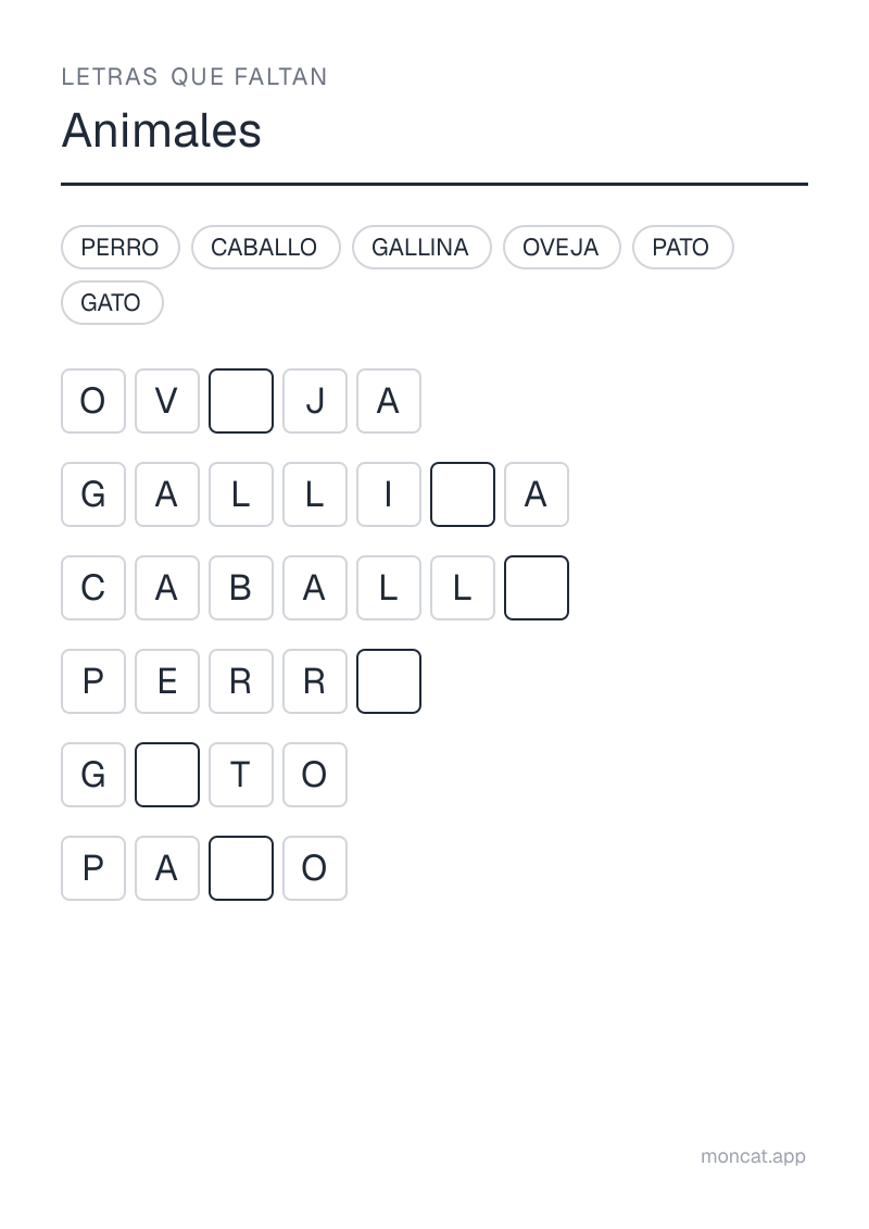 Ejemplo de ficha para imprimir — Letras que faltan sobre «Animales» con las palabras: perro, gato, caballo, oveja, gallina, pato