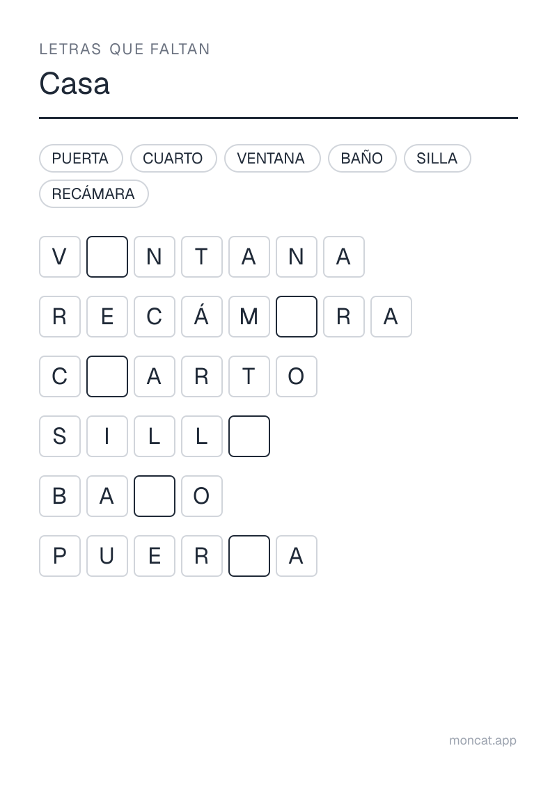 Ejemplo de ficha para imprimir — Letras que faltan sobre «Casa» con las palabras: cuarto, baño, recámara, ventana, puerta, silla