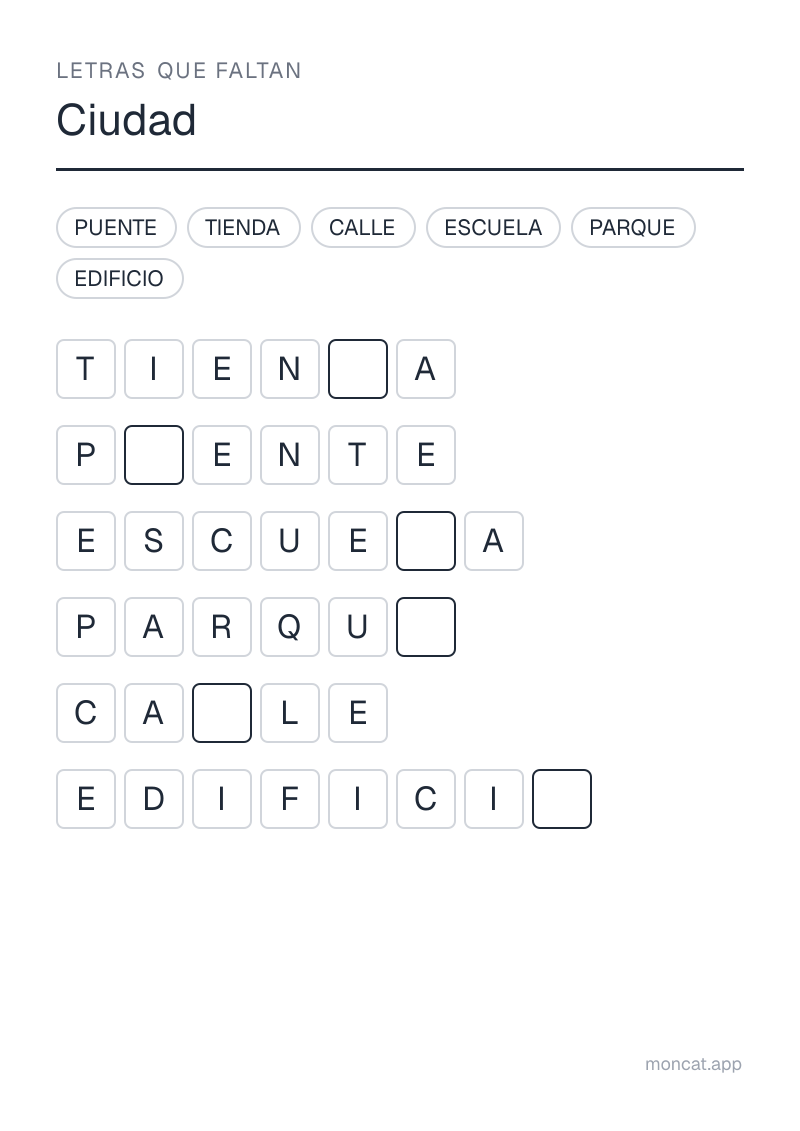 Ejemplo de ficha para imprimir — Letras que faltan sobre «Ciudad» con las palabras: calle, edificio, tienda, escuela, parque, puente