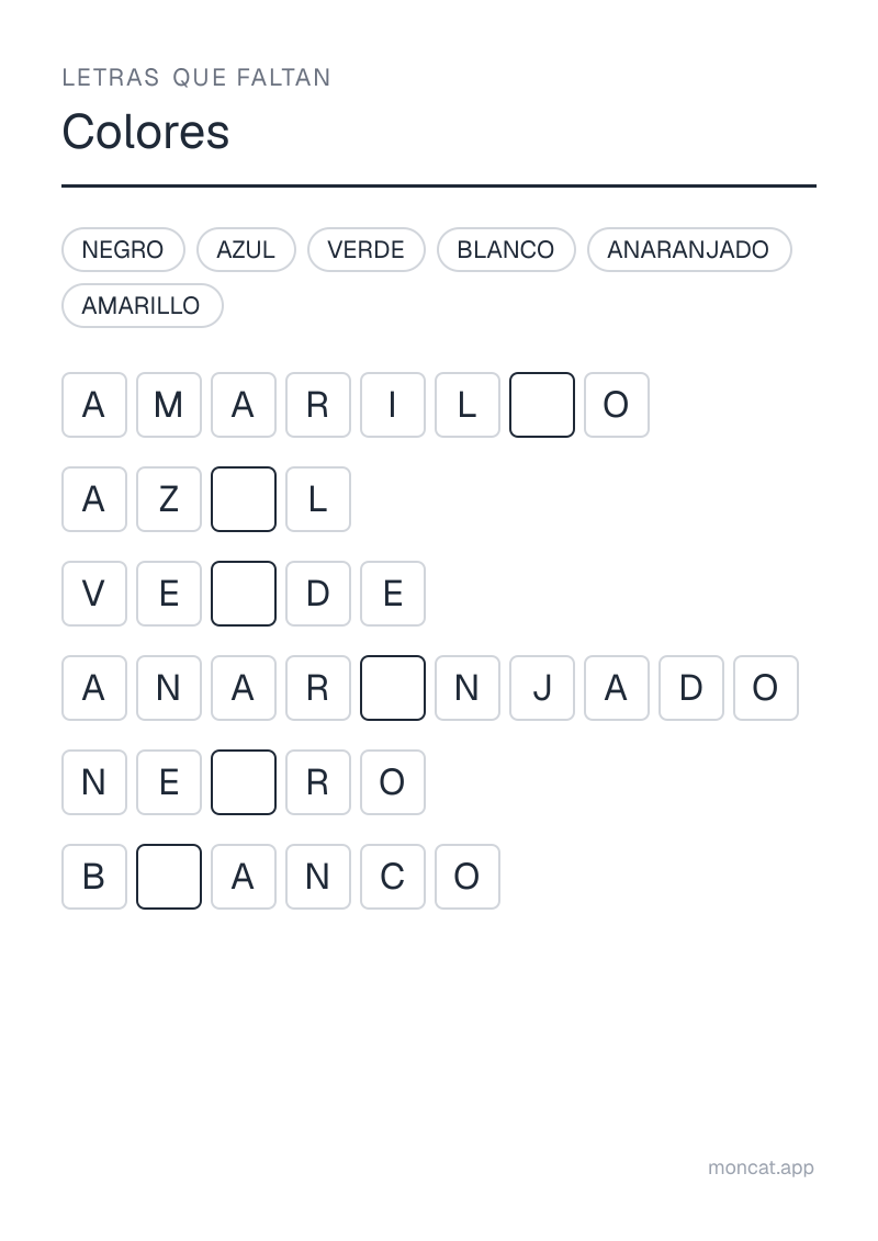 Ejemplo de ficha para imprimir — Letras que faltan sobre «Colores» con las palabras: azul, verde, amarillo, blanco, negro, anaranjado
