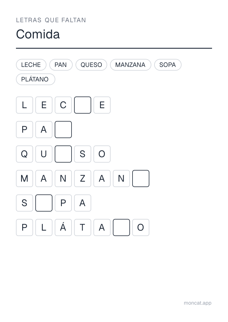 Ejemplo de ficha para imprimir — Letras que faltan sobre «Comida» con las palabras: pan, leche, queso, manzana, plátano, sopa
