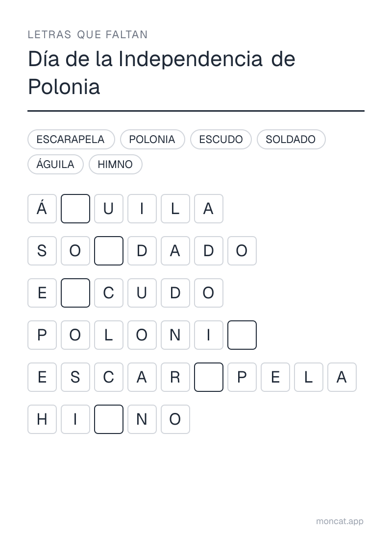 Ejemplo de ficha para imprimir — Letras que faltan sobre «Día de la Independencia de Polonia» con las palabras: escudo, águila, himno, escarapela, polonia, soldado
