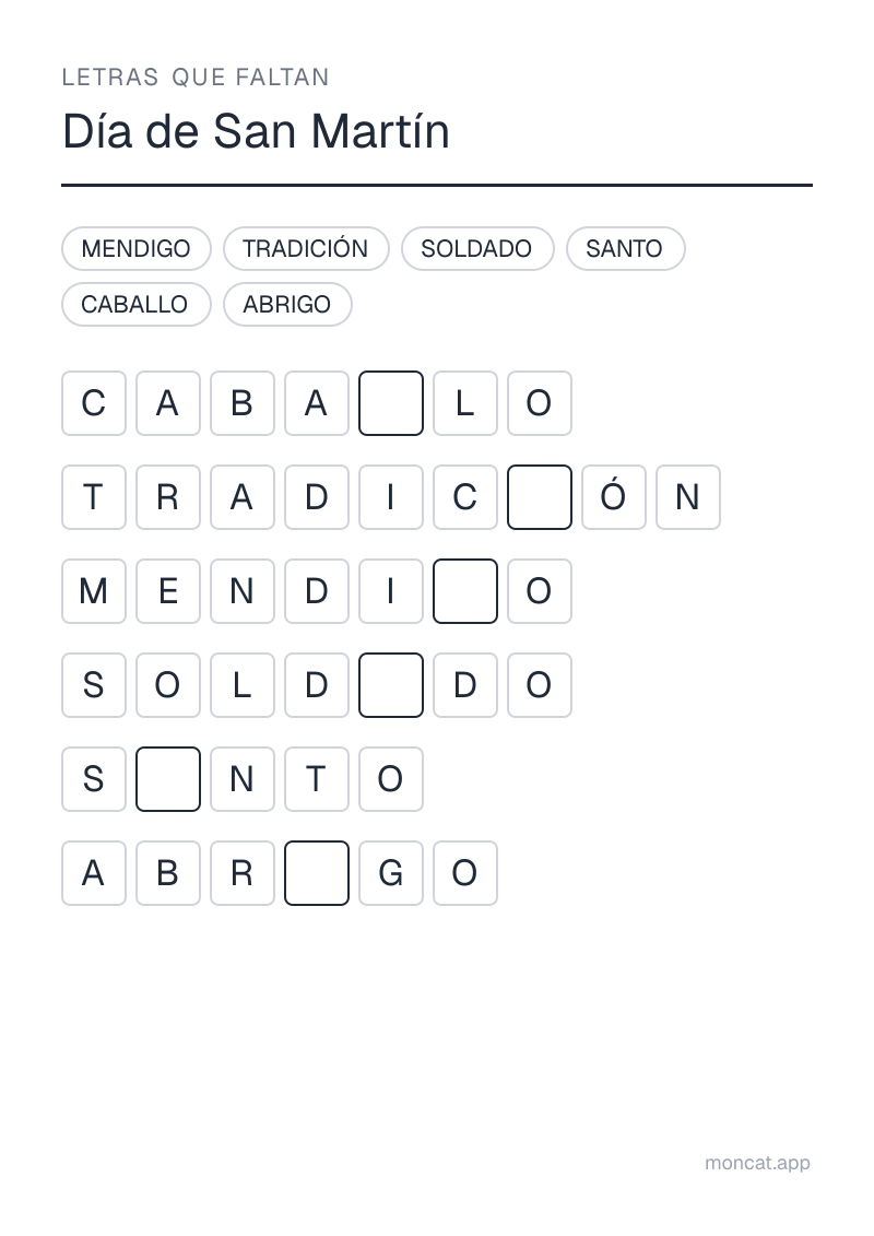 Ejemplo de ficha para imprimir — Letras que faltan sobre «Día de San Martín» con las palabras: santo, soldado, caballo, abrigo, mendigo, tradición