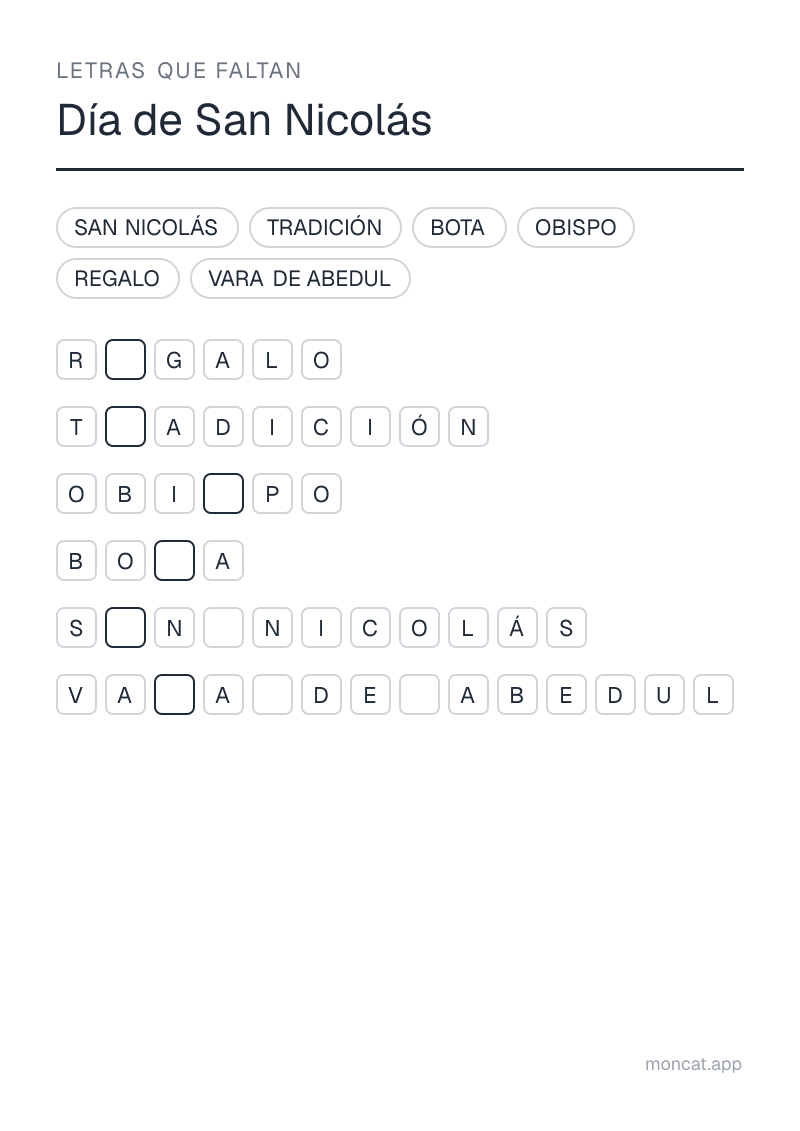 Ejemplo de ficha para imprimir — Letras que faltan sobre «Día de San Nicolás» con las palabras: obispo, san nicolás, tradición, regalo, bota, vara de abedul
