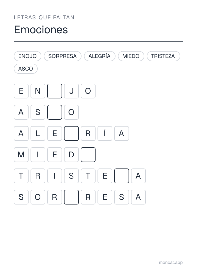 Ejemplo de ficha para imprimir — Letras que faltan sobre «Emociones» con las palabras: alegría, tristeza, enojo, miedo, sorpresa, asco