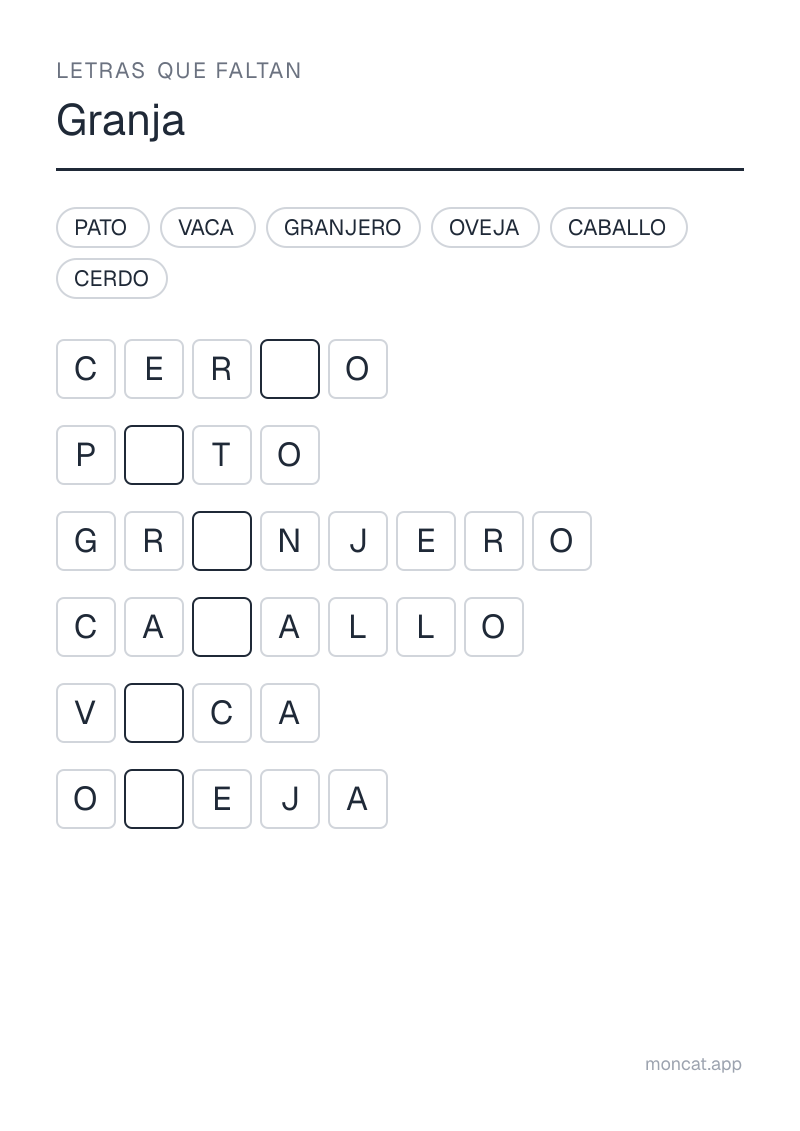 Ejemplo de ficha para imprimir — Letras que faltan sobre «Granja» con las palabras: granjero, vaca, caballo, cerdo, oveja, pato