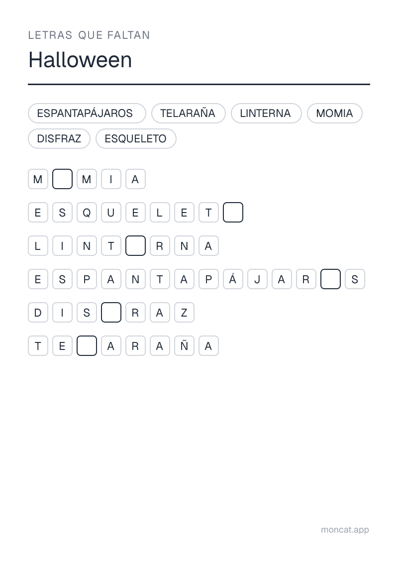 Ejemplo de ficha para imprimir — Letras que faltan sobre «Halloween» con las palabras: linterna, telaraña, momia, espantapájaros, esqueleto, disfraz