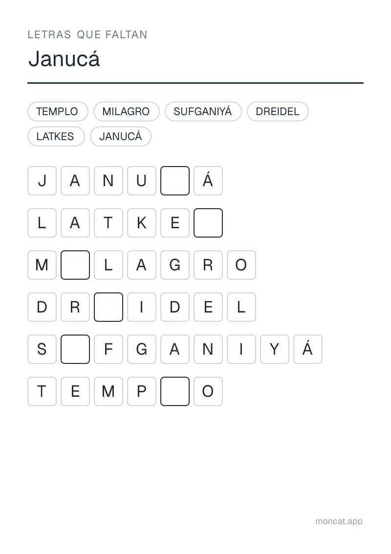Ejemplo de ficha para imprimir — Letras que faltan sobre «Janucá» con las palabras: janucá, templo, milagro, dreidel, latkes, sufganiyá