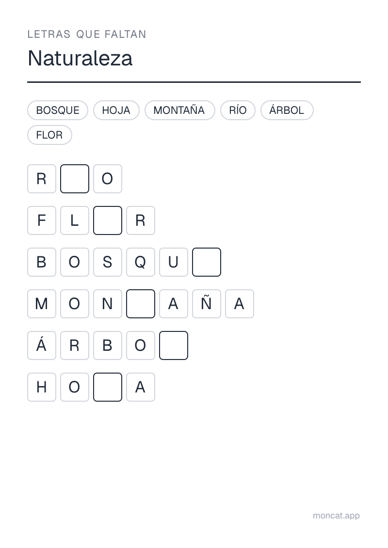 Ejemplo de ficha para imprimir — Letras que faltan sobre «Naturaleza» con las palabras: bosque, río, montaña, flor, árbol, hoja