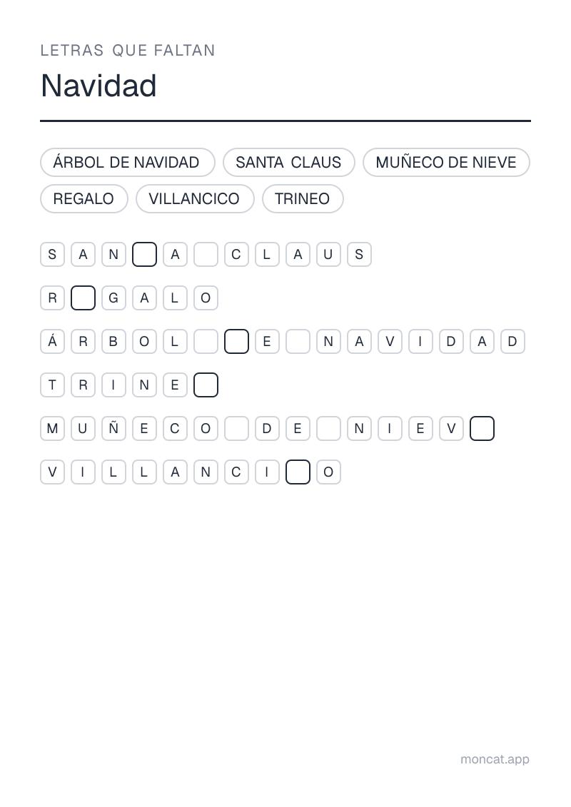 Ejemplo de ficha para imprimir — Letras que faltan sobre «Navidad» con las palabras: árbol de navidad, regalo, villancico, santa claus, trineo, muñeco de nieve