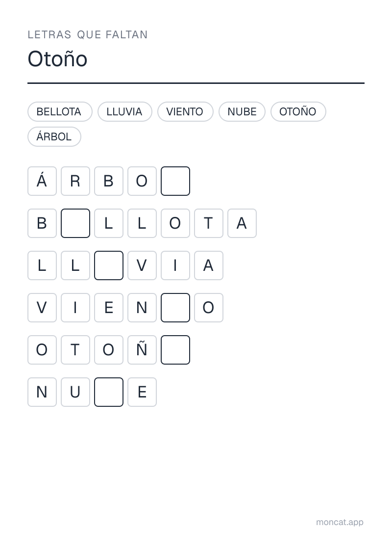 Ejemplo de ficha para imprimir — Letras que faltan sobre «Otoño» con las palabras: otoño, árbol, lluvia, nube, viento, bellota