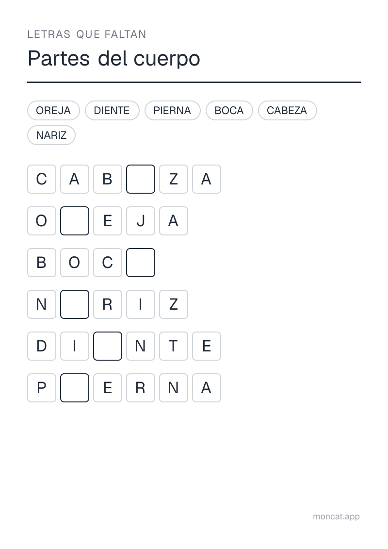 Ejemplo de ficha para imprimir — Letras que faltan sobre «Partes del cuerpo» con las palabras: cabeza, pierna, oreja, nariz, boca, diente
