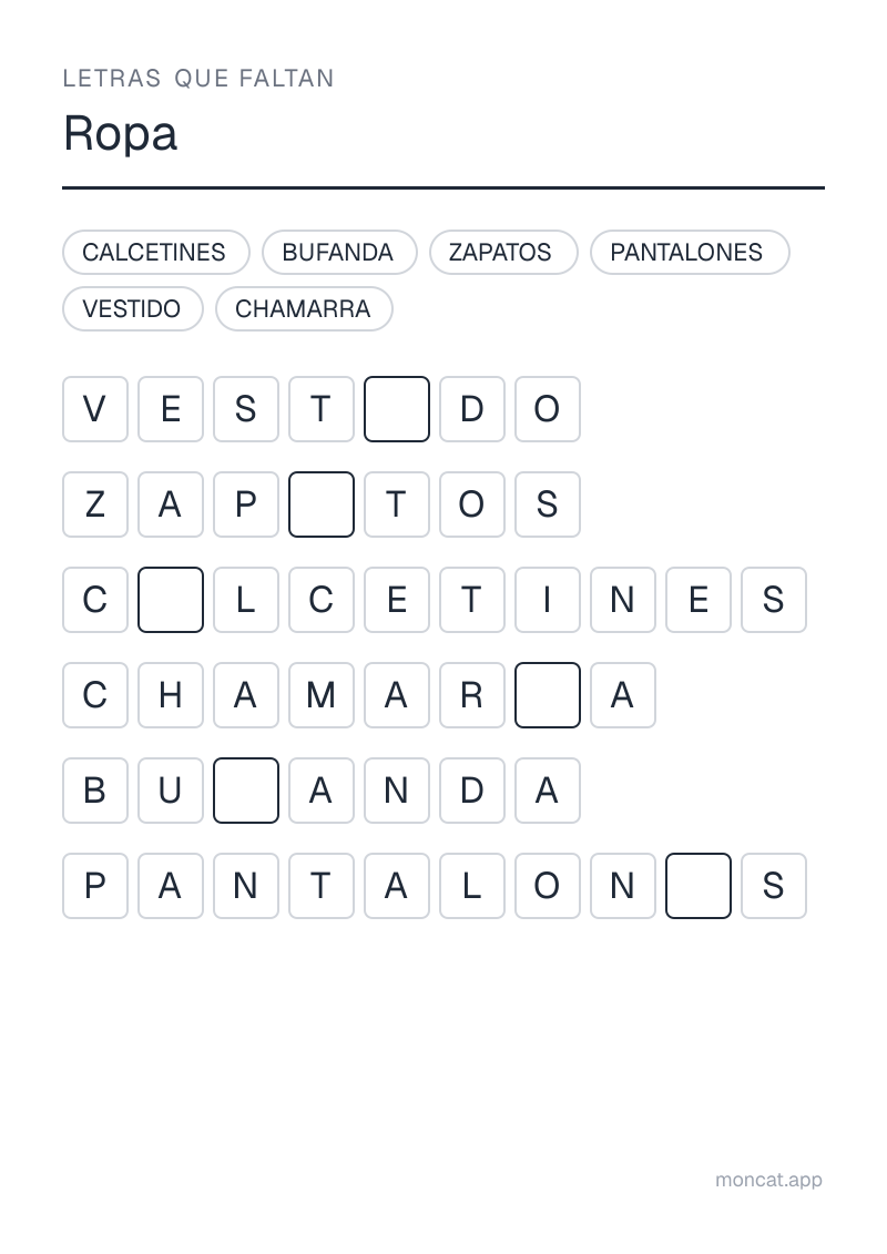 Ejemplo de ficha para imprimir — Letras que faltan sobre «Ropa» con las palabras: pantalones, vestido, zapatos, calcetines, chamarra, bufanda