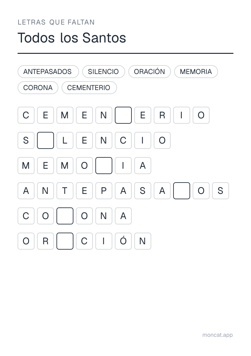 Ejemplo de ficha para imprimir — Letras que faltan sobre «Todos los Santos» con las palabras: cementerio, corona, memoria, antepasados, oración, silencio