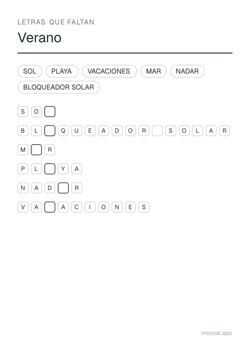 Ejemplo de ficha para imprimir — Letras que faltan sobre «Verano» con las palabras: sol, vacaciones, playa, mar, nadar, bloqueador solar