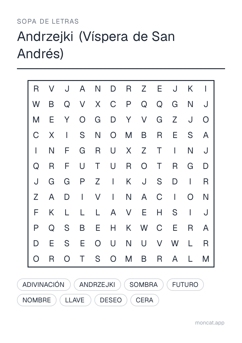 Ejemplo de ficha para imprimir — Sopa de letras sobre «Andrzejki (Víspera de San Andrés)» con las palabras: andrzejki, adivinación, cera, llave, sombra, futuro, deseo, nombre