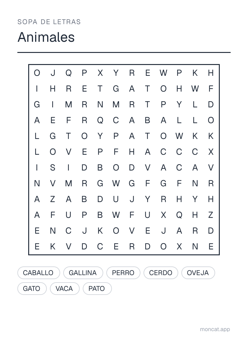 Ejemplo de ficha para imprimir — Sopa de letras sobre «Animales» con las palabras: perro, gato, vaca, caballo, cerdo, oveja, gallina, pato