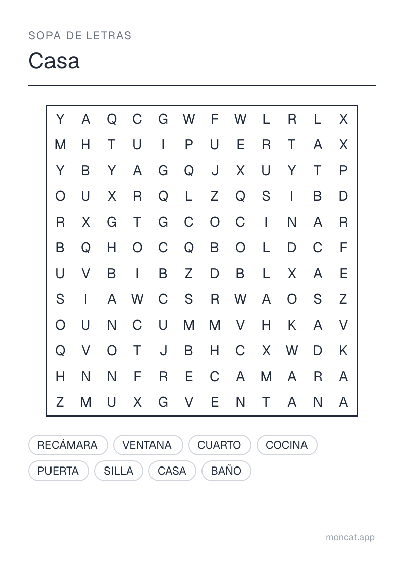 Ejemplo de ficha para imprimir — Sopa de letras sobre «Casa» con las palabras: casa, cuarto, cocina, baño, recámara, ventana, puerta, silla