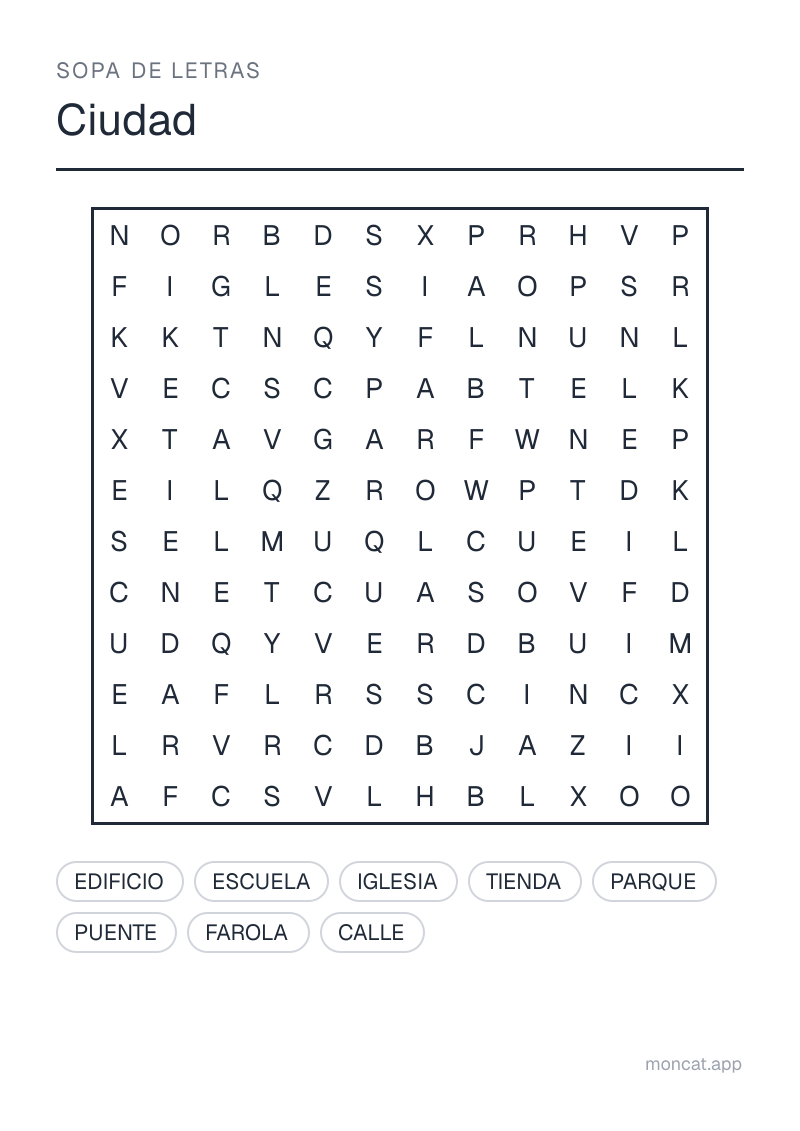 Ejemplo de ficha para imprimir — Sopa de letras sobre «Ciudad» con las palabras: calle, edificio, tienda, escuela, iglesia, parque, puente, farola
