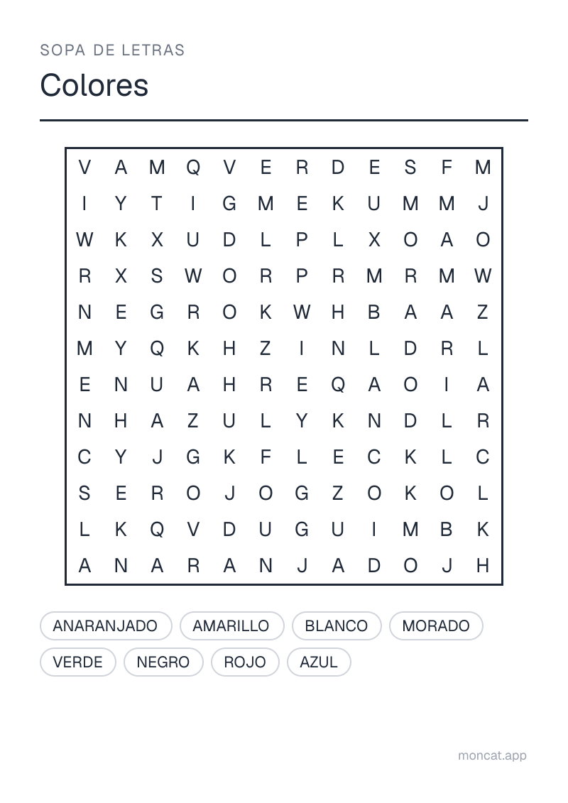 Ejemplo de ficha para imprimir — Sopa de letras sobre «Colores» con las palabras: rojo, azul, verde, amarillo, blanco, negro, anaranjado, morado