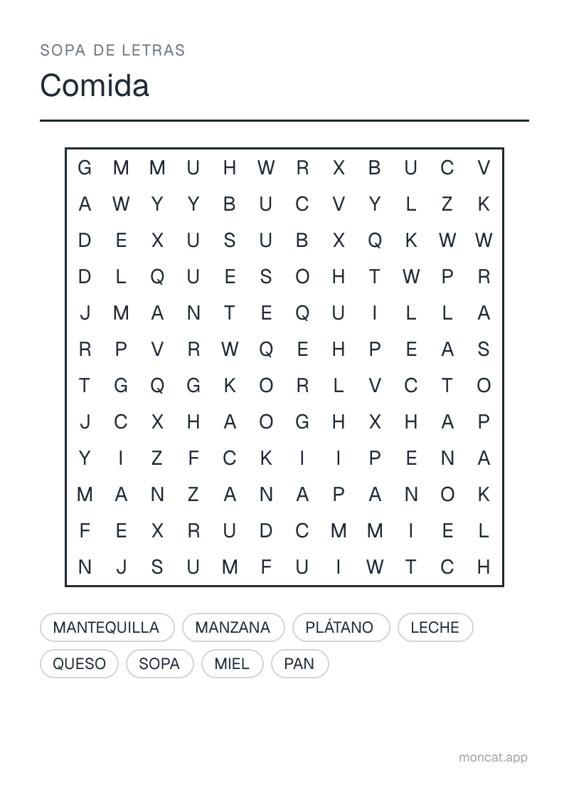 Ejemplo de ficha para imprimir — Sopa de letras sobre «Comida» con las palabras: pan, mantequilla, leche, queso, manzana, plátano, sopa, miel