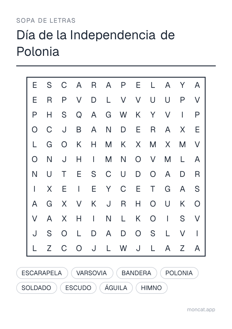 Ejemplo de ficha para imprimir — Sopa de letras sobre «Día de la Independencia de Polonia» con las palabras: bandera, escudo, águila, himno, escarapela, polonia, varsovia, soldado