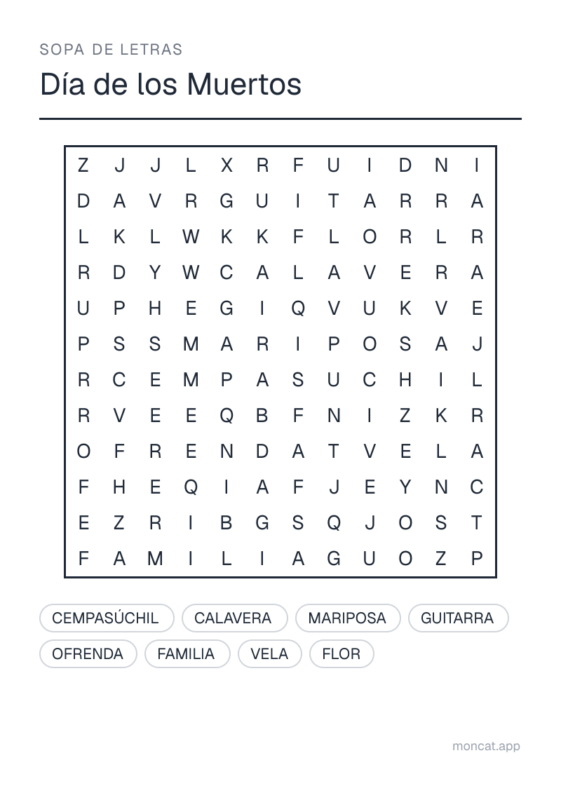 Ejemplo de ficha para imprimir — Sopa de letras sobre «Día de los Muertos» con las palabras: ofrenda, calavera, cempasúchil, vela, flor, familia, mariposa, guitarra