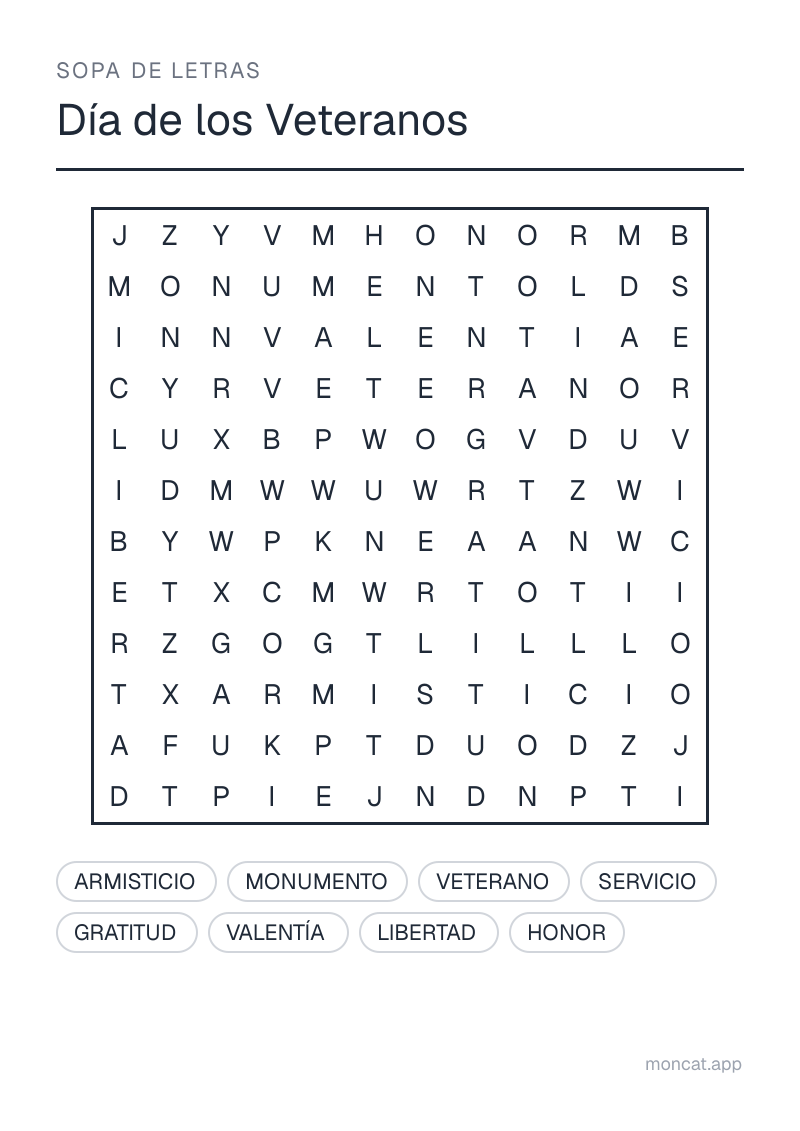 Ejemplo de ficha para imprimir — Sopa de letras sobre «Día de los Veteranos» con las palabras: veterano, armisticio, servicio, honor, gratitud, monumento, valentía, libertad