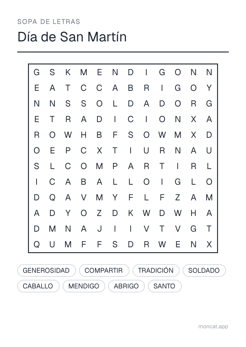 Ejemplo de ficha para imprimir — Sopa de letras sobre «Día de San Martín» con las palabras: santo, soldado, caballo, abrigo, mendigo, compartir, generosidad, tradición