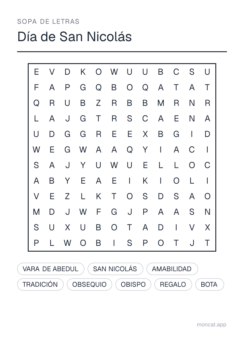 Ejemplo de ficha para imprimir — Sopa de letras sobre «Día de San Nicolás» con las palabras: obispo, san nicolás, tradición, obsequio, regalo, bota, vara de abedul, amabilidad