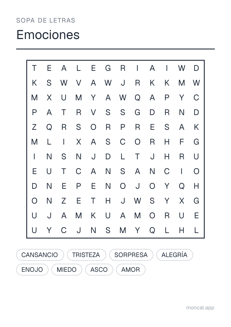 Ejemplo de ficha para imprimir — Sopa de letras sobre «Emociones» con las palabras: alegría, tristeza, enojo, miedo, sorpresa, asco, amor, cansancio