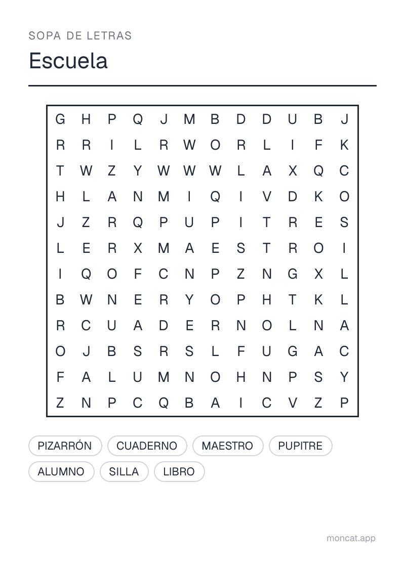 Ejemplo de ficha para imprimir — Sopa de letras sobre «Escuela» con las palabras: maestro, alumno, pizarrón, silla, pupitre, libro, cuaderno