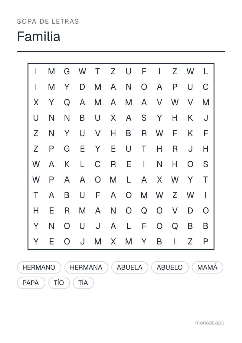 Ejemplo de ficha para imprimir — Sopa de letras sobre «Familia» con las palabras: mamá, papá, hermano, hermana, abuela, abuelo, tío, tía