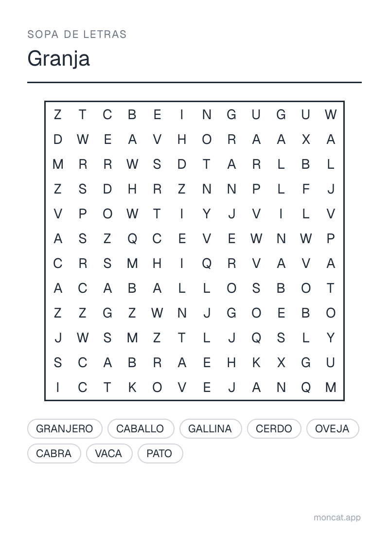 Ejemplo de ficha para imprimir — Sopa de letras sobre «Granja» con las palabras: granjero, vaca, caballo, cerdo, oveja, gallina, pato, cabra