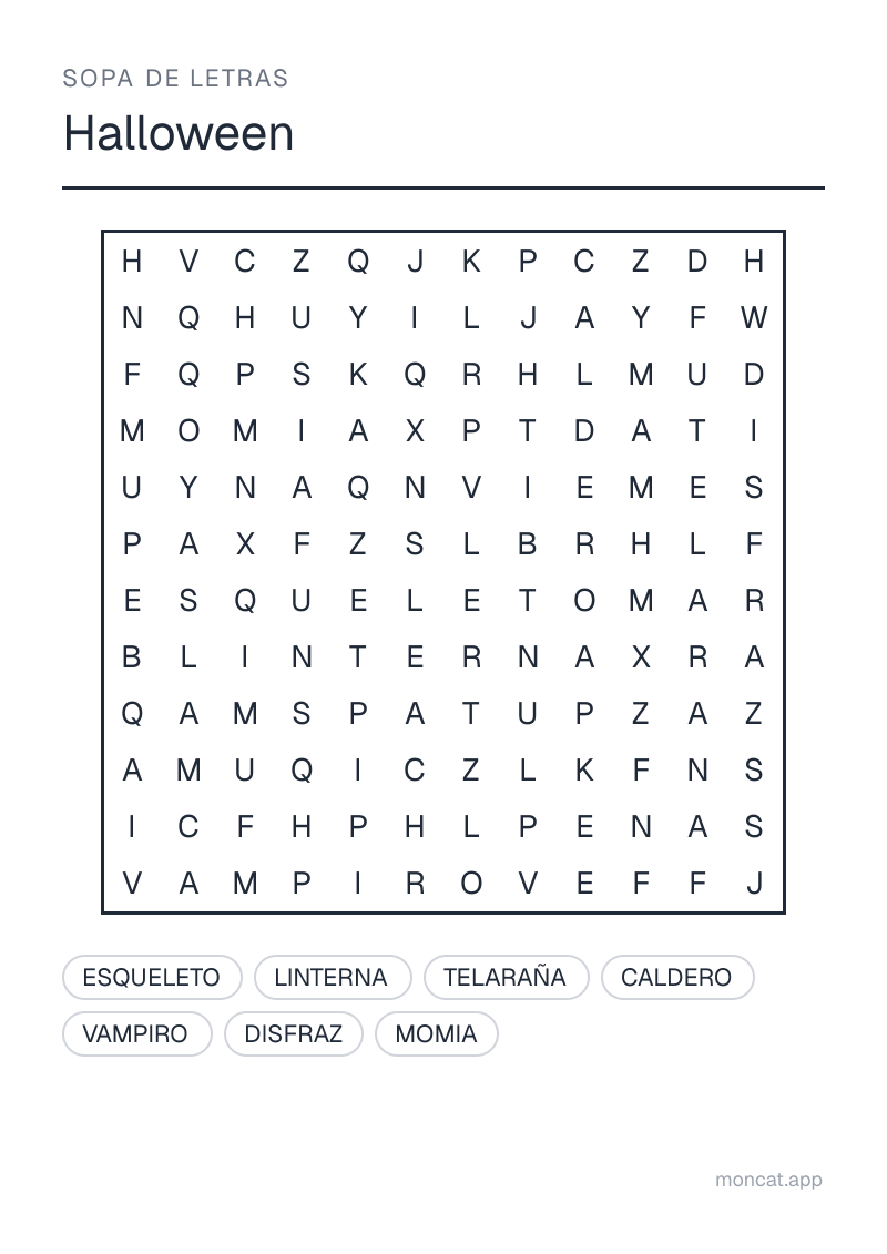 Ejemplo de ficha para imprimir — Sopa de letras sobre «Halloween» con las palabras: linterna, telaraña, caldero, vampiro, momia, esqueleto, disfraz