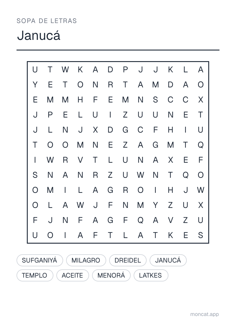Ejemplo de ficha para imprimir — Sopa de letras sobre «Janucá» con las palabras: janucá, templo, milagro, aceite, menorá, dreidel, latkes, sufganiyá