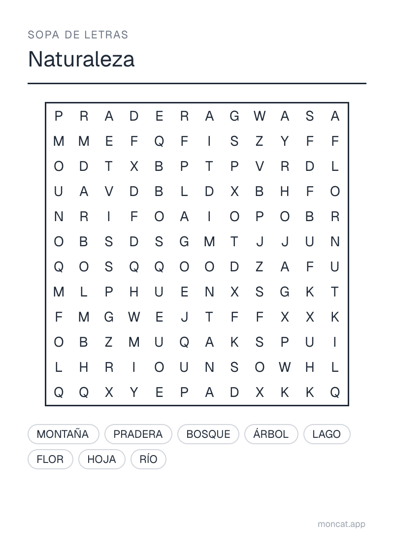 Ejemplo de ficha para imprimir — Sopa de letras sobre «Naturaleza» con las palabras: bosque, río, montaña, lago, pradera, flor, árbol, hoja