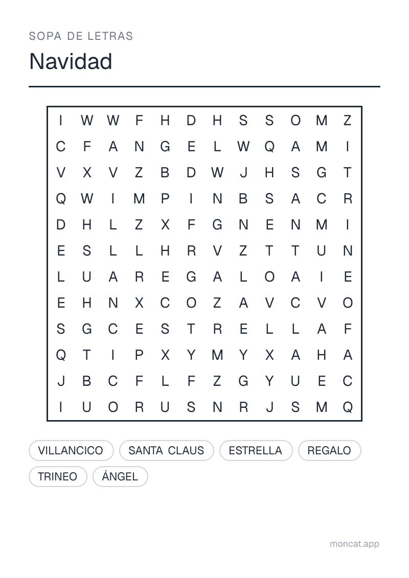 Ejemplo de ficha para imprimir — Sopa de letras sobre «Navidad» con las palabras: regalo, estrella, ángel, villancico, santa claus, trineo