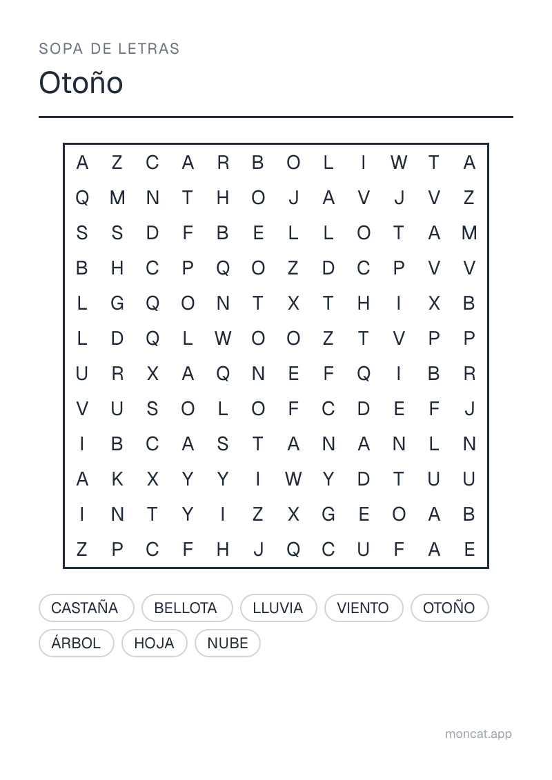 Ejemplo de ficha para imprimir — Sopa de letras sobre «Otoño» con las palabras: otoño, hoja, árbol, lluvia, nube, viento, castaña, bellota