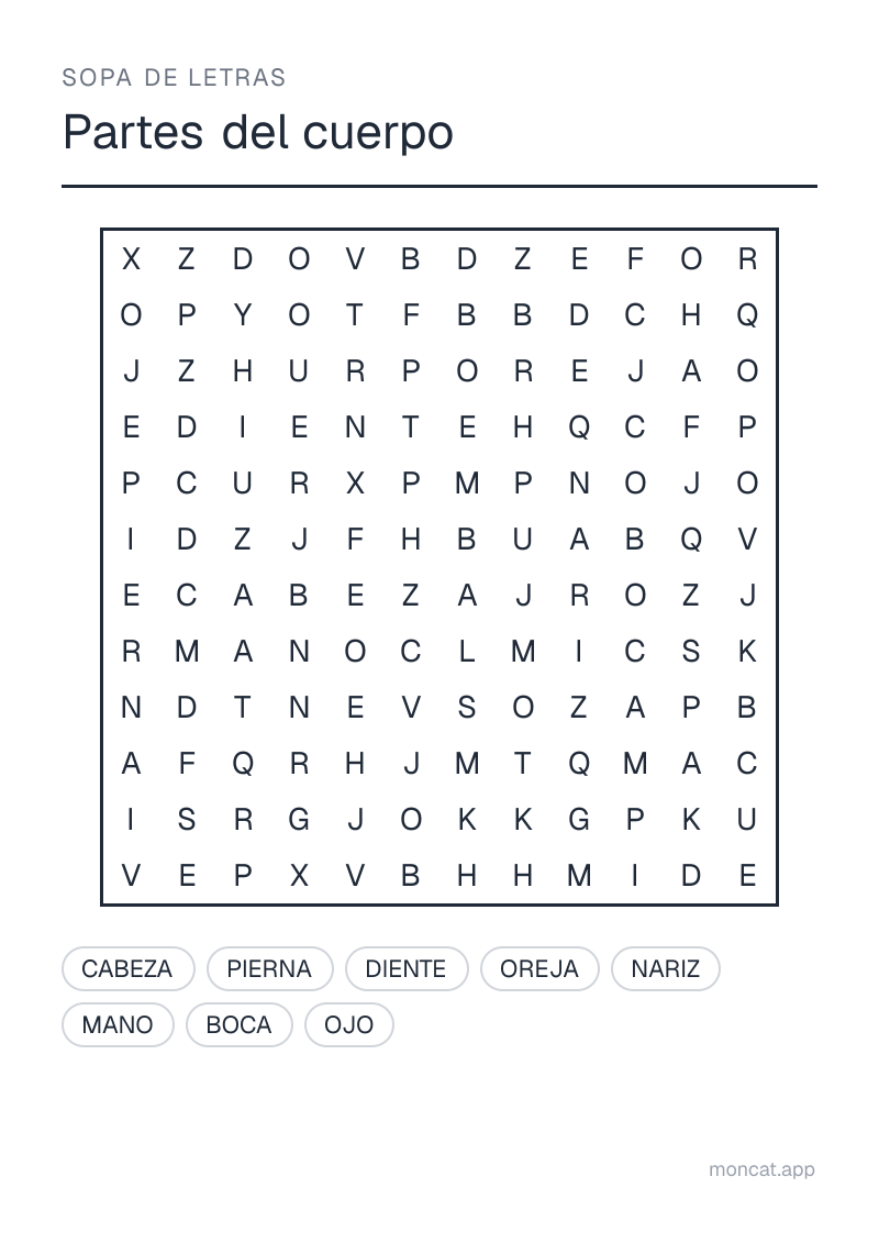 Ejemplo de ficha para imprimir — Sopa de letras sobre «Partes del cuerpo» con las palabras: cabeza, mano, pierna, ojo, oreja, nariz, boca, diente