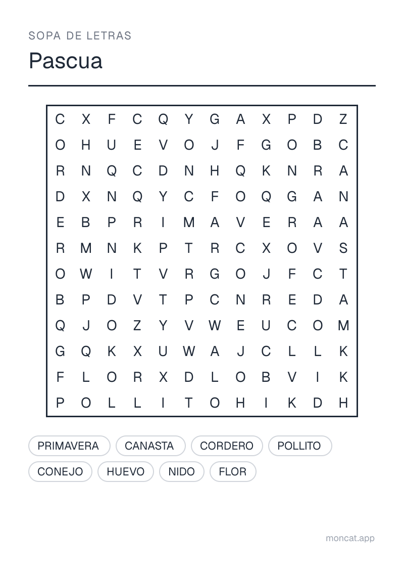 Ejemplo de ficha para imprimir — Sopa de letras sobre «Pascua» con las palabras: huevo, conejo, canasta, cordero, pollito, nido, primavera, flor