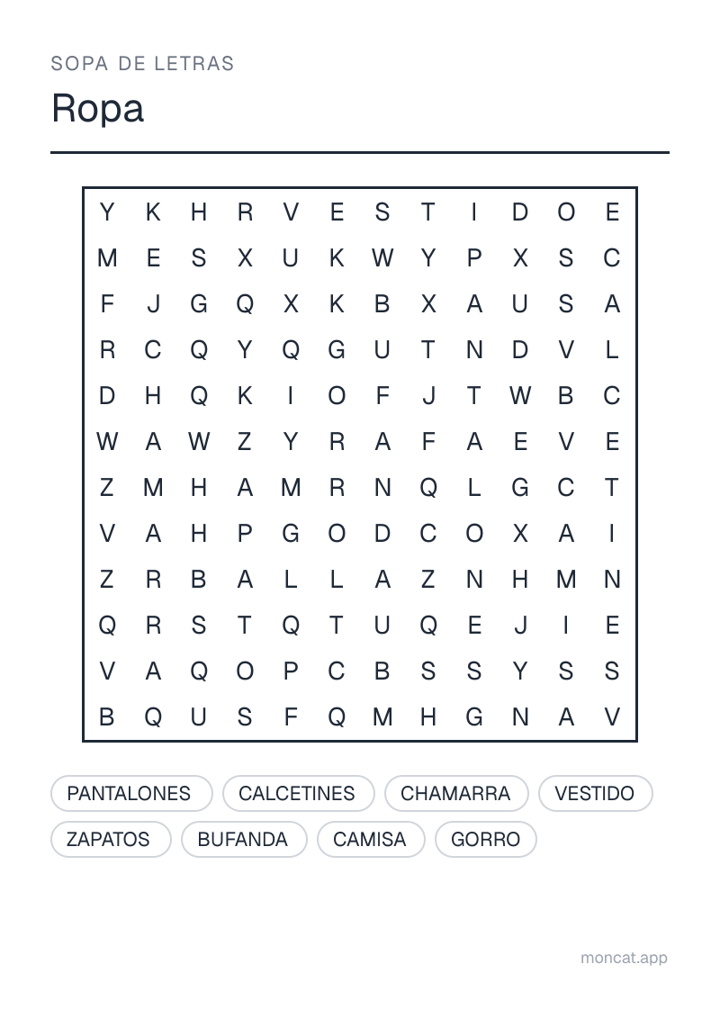Ejemplo de ficha para imprimir — Sopa de letras sobre «Ropa» con las palabras: camisa, pantalones, vestido, zapatos, calcetines, chamarra, gorro, bufanda