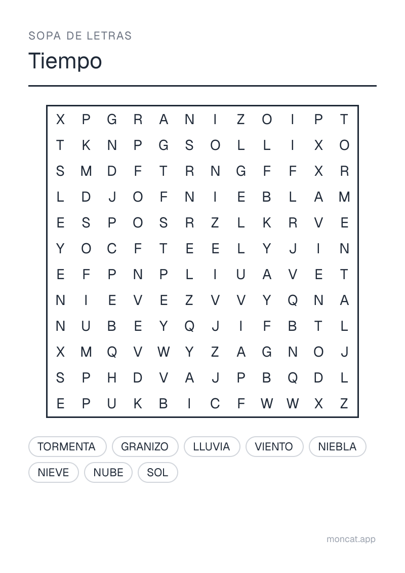 Ejemplo de ficha para imprimir — Sopa de letras sobre «Tiempo» con las palabras: sol, lluvia, nube, viento, tormenta, nieve, niebla, granizo