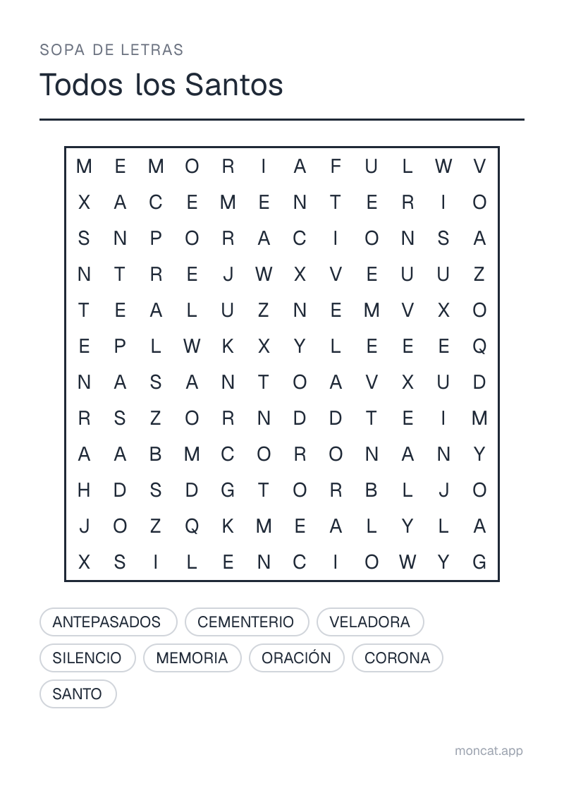 Ejemplo de ficha para imprimir — Sopa de letras sobre «Todos los Santos» con las palabras: veladora, cementerio, corona, memoria, antepasados, oración, silencio, santo