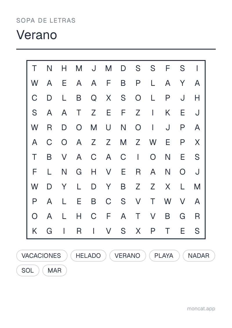 Ejemplo de ficha para imprimir — Sopa de letras sobre «Verano» con las palabras: sol, vacaciones, playa, mar, helado, nadar, verano
